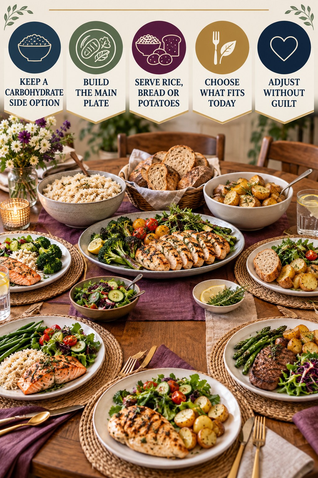 Lower-carb family meal infographic with a main protein and vegetable plate, shared rice, bread and potatoes, and several different personal plates.