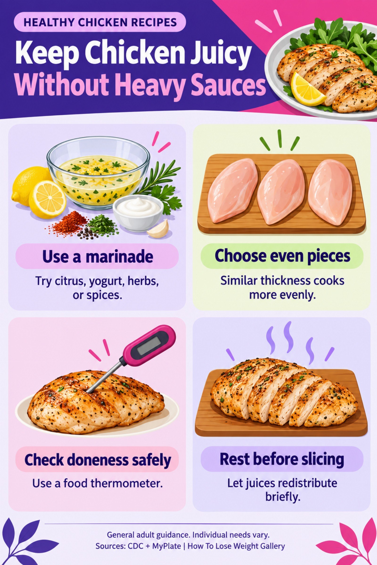 Colorful infographic titled Keep Chicken Juicy Without Heavy Sauces with four illustrated tips for Healthy Chicken Recipes.
