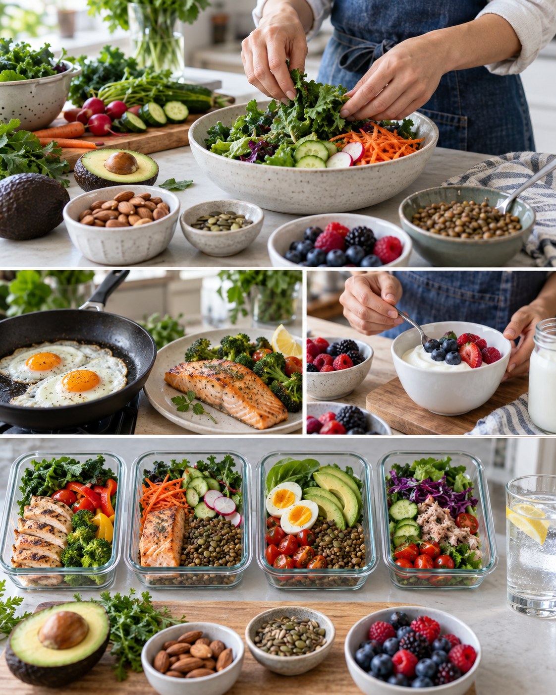 Colorful lower-carb foods including greens, vegetables, berries, avocado, nuts, seeds, lentils, eggs, fish, and yogurt