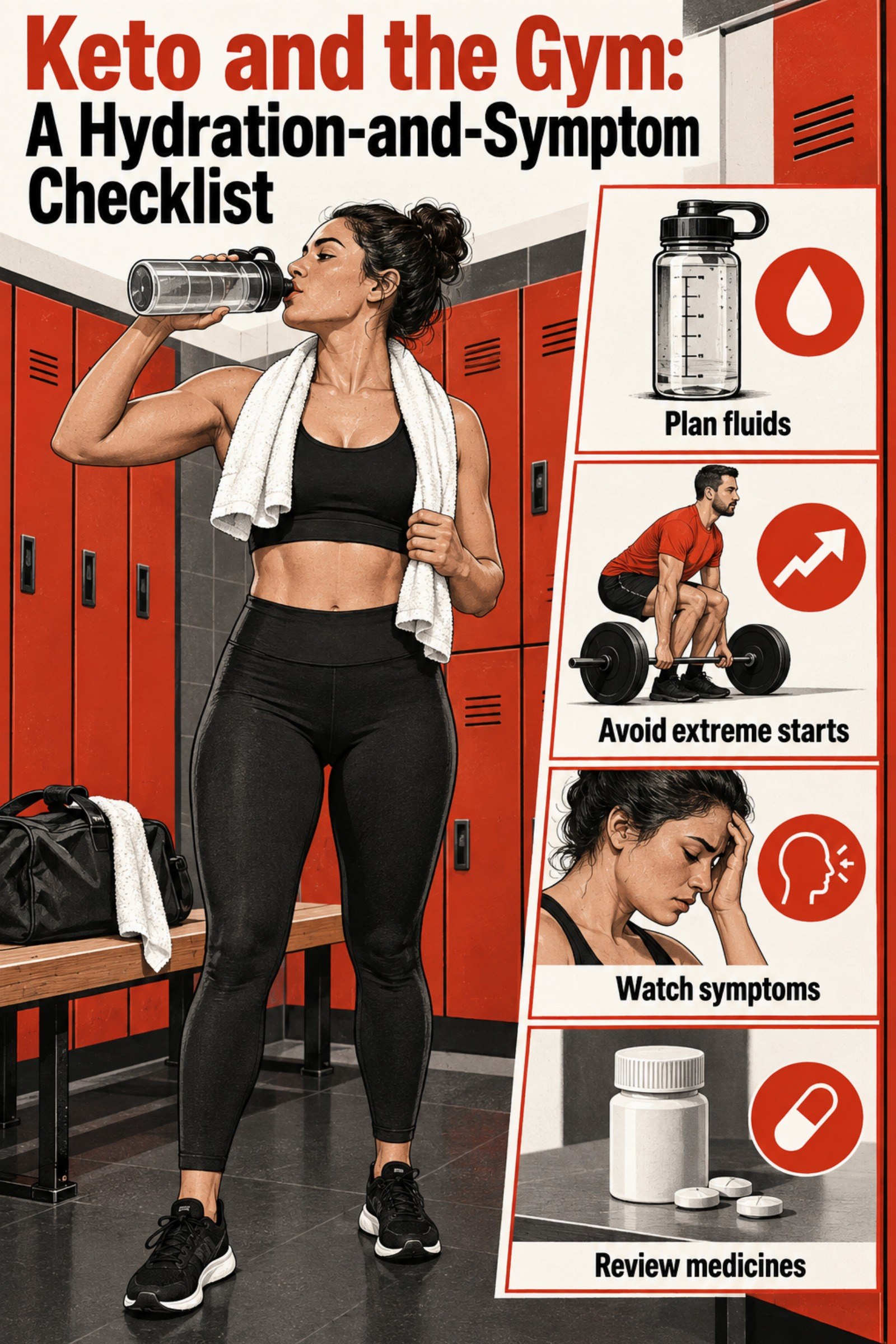 Medical-style hydration dashboard with water, gym effort, and symptom icons. The image supports Keto and the Gym: A Hydration-and-Symptom Checklist.