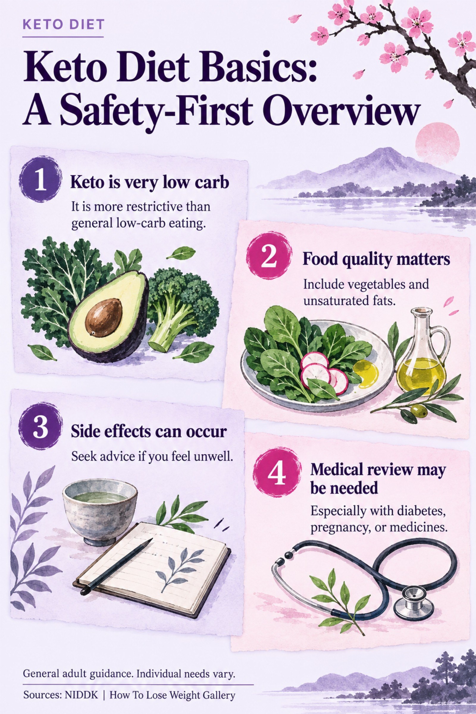 Colorful infographic titled Keto Diet Basics: A Safety-First Overview with four illustrated tips for Keto Diet.