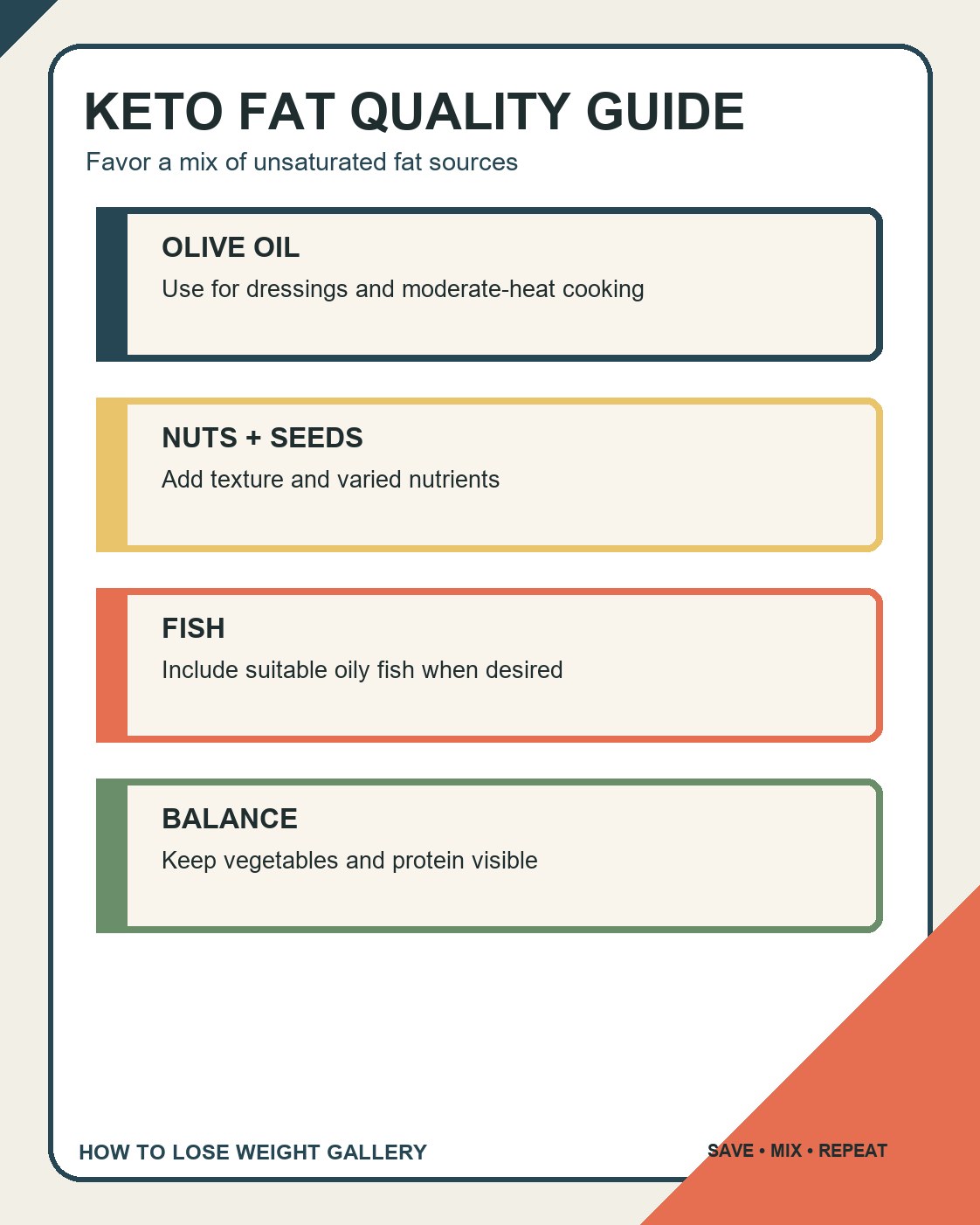 Keto Diet infographic titled keto fat quality guide with four labeled steps and a distinct colorful layout.