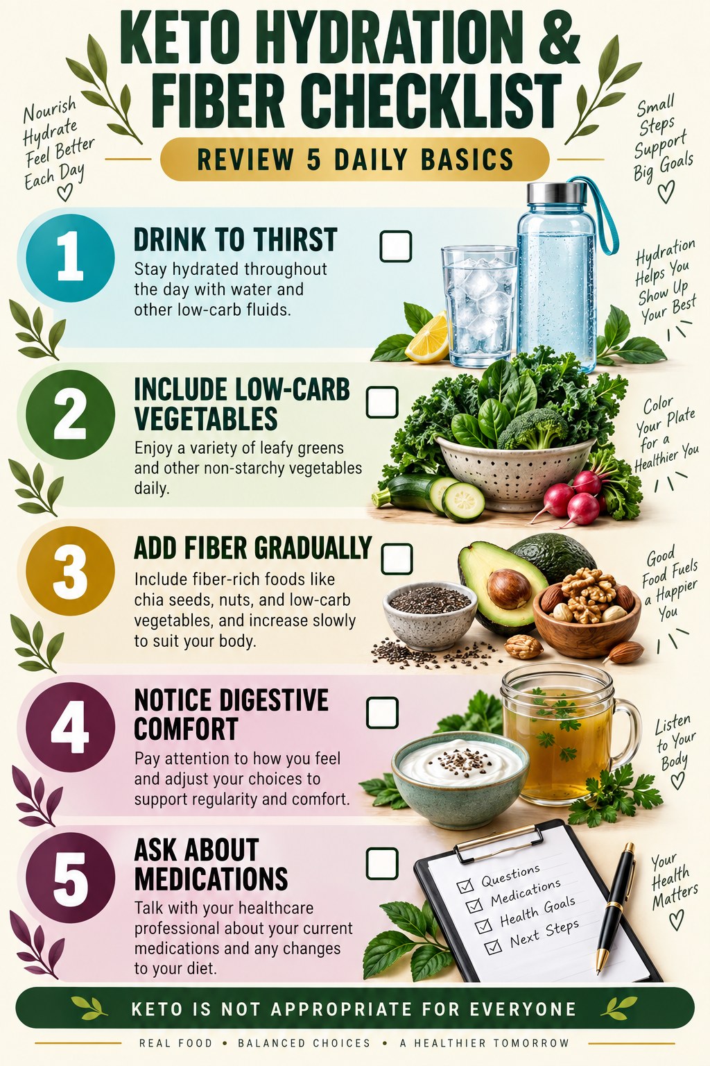 Keto checklist showing water, leafy vegetables, avocado, seeds, electrolytes, and symptom awareness.