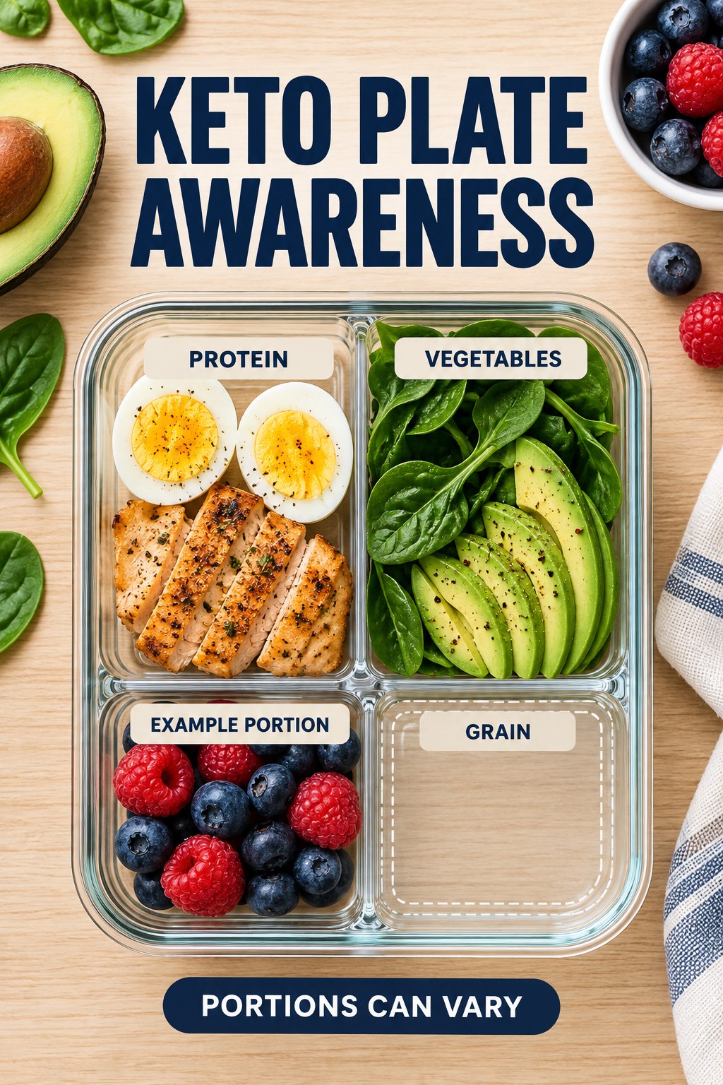 Keto Plate Awareness visual using eggs, avocado, spinach, and berries as flexible example portions for Keto Diet.