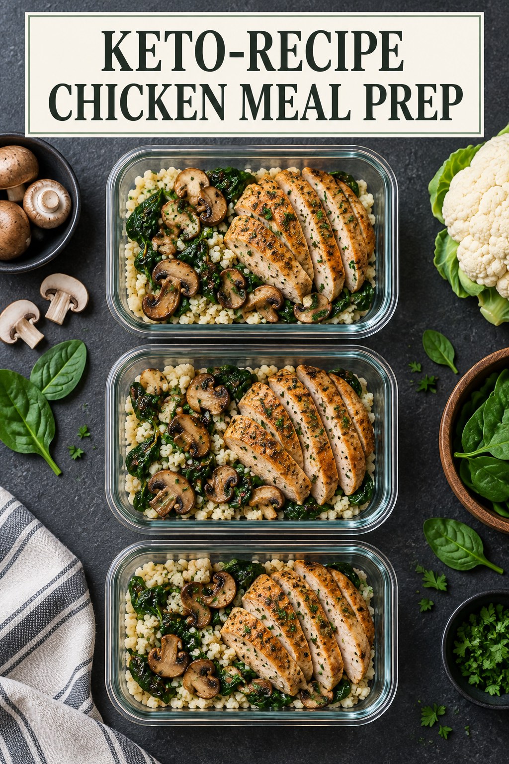 Three containers of keto-recipe chicken cauliflower rice prep boxes with chicken, cauliflower rice, spinach, and mushrooms.