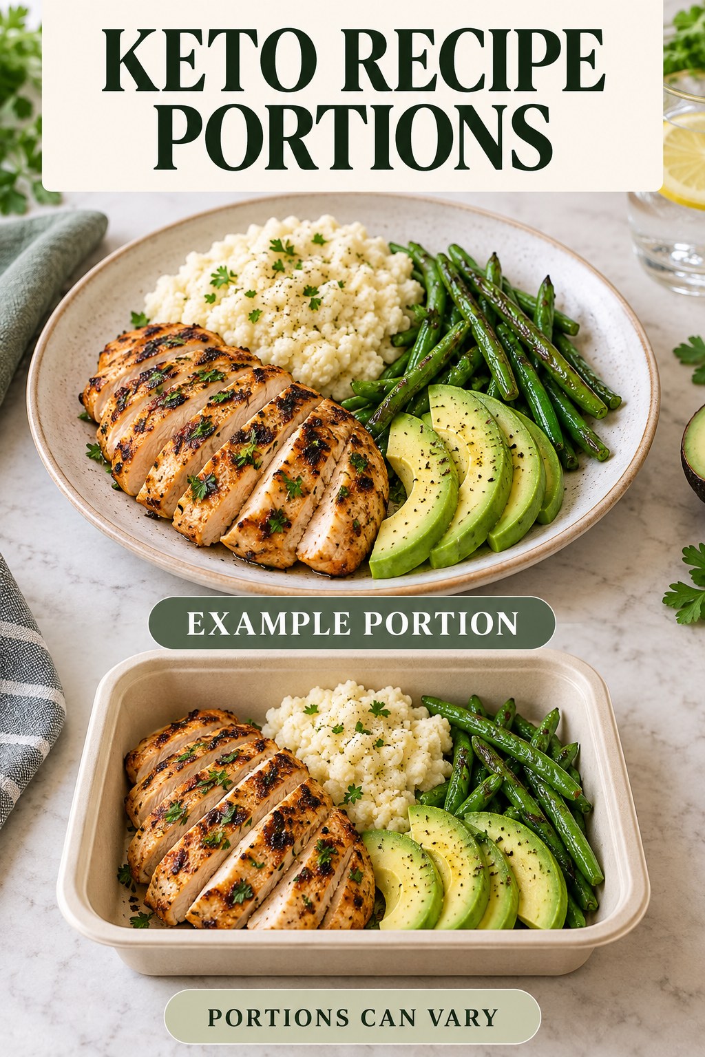 Keto Recipe Portions visual using grilled chicken, cauliflower mash, green beans, and avocado as flexible example portions for Keto Recipes.