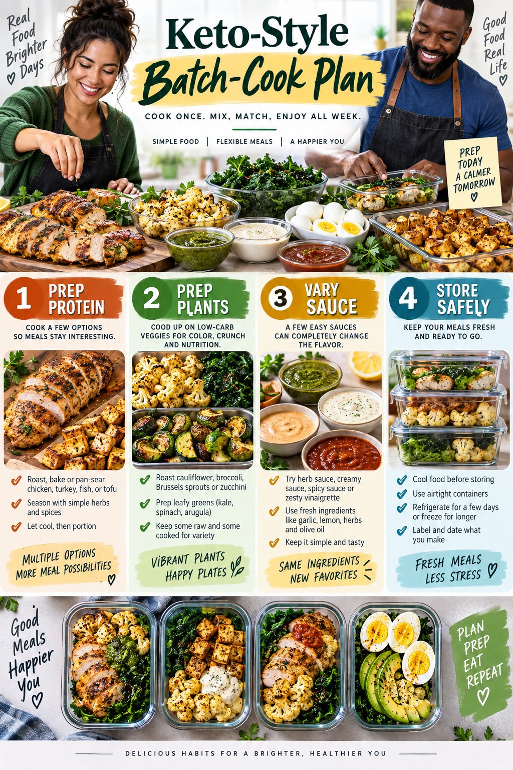 Portrait infographic showing keto-style batch cooking with chicken or tofu, cauliflower, greens, eggs, sauces, and safe storage containers.