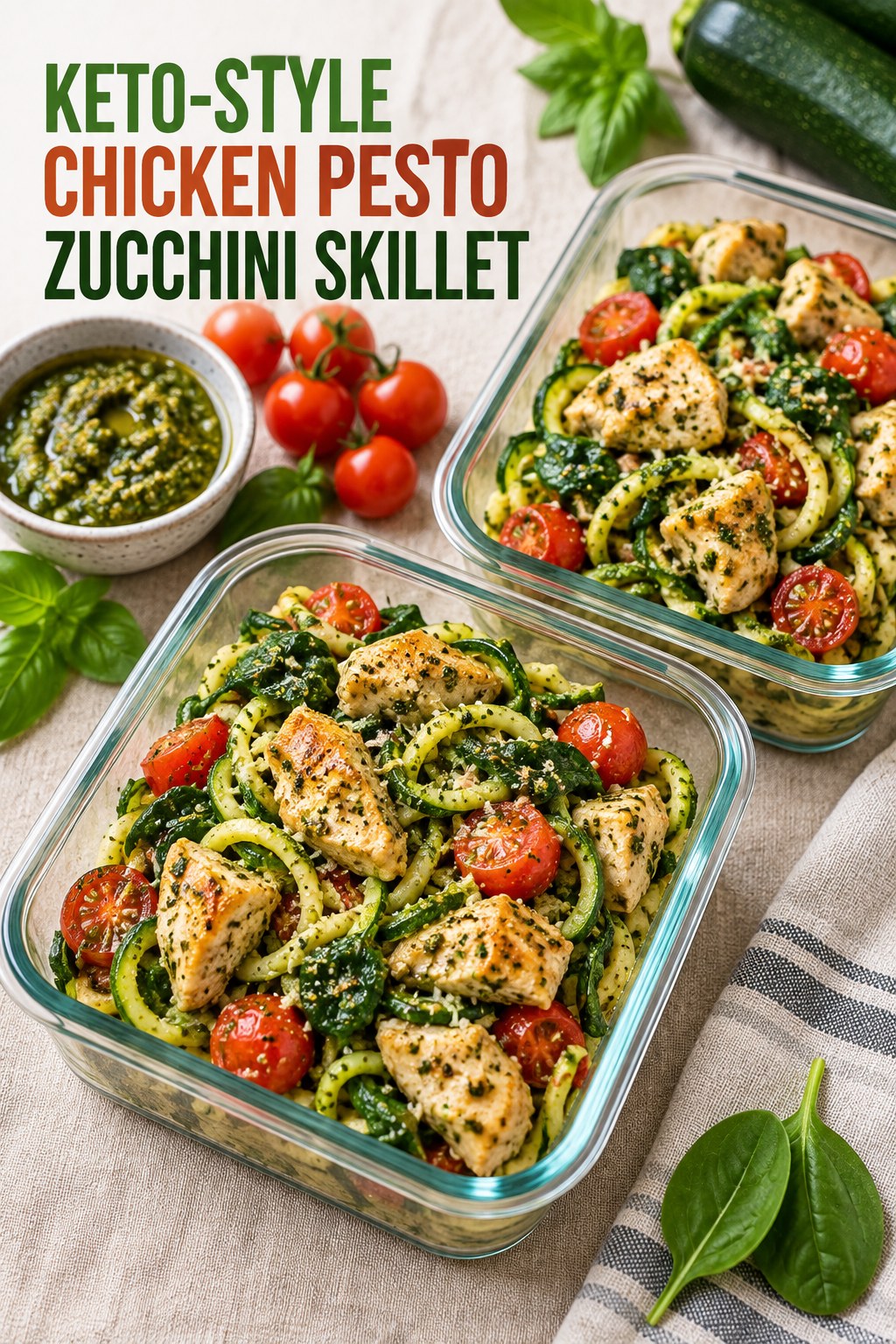 Two servings of keto-style chicken pesto zucchini skillet made with chicken, zucchini noodles, and vegetables.
