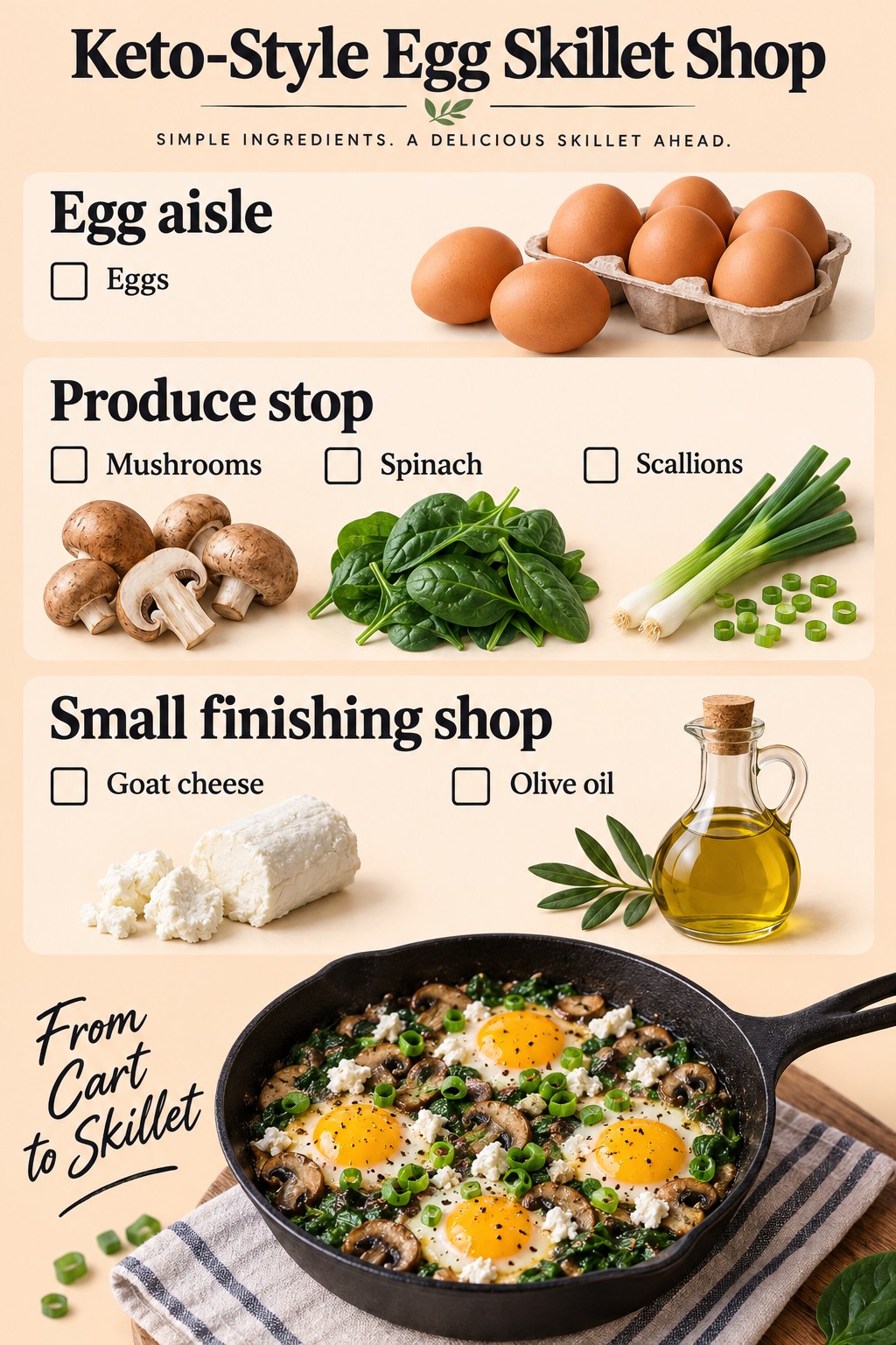 Apricot grocery shelf tags listing eggs, mushrooms, spinach, scallions, goat cheese and olive oil.