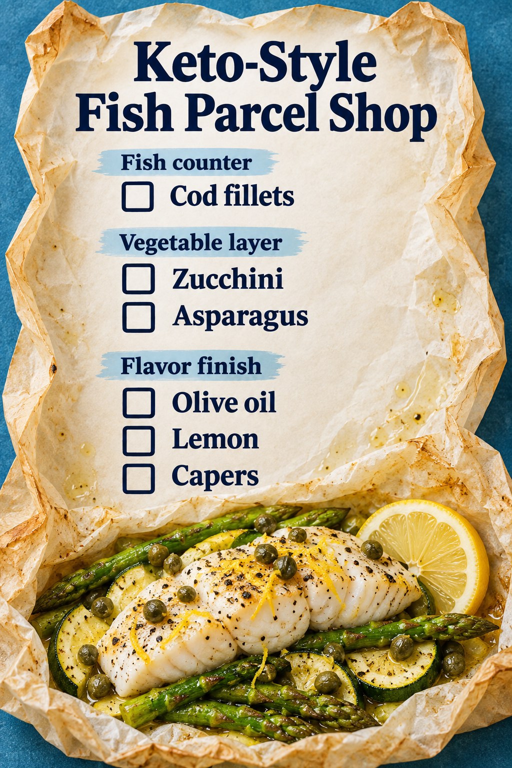 Blue and parchment grocery checklist with cod fillets, zucchini, asparagus, olive oil, lemon and capers.
