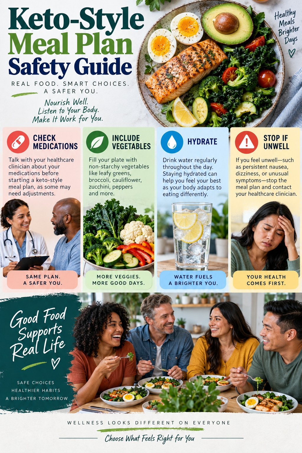 Portrait infographic showing a keto-style meal safety guide with eggs fish or tofu, avocado, vegetables, water, medication checks and stop signs.