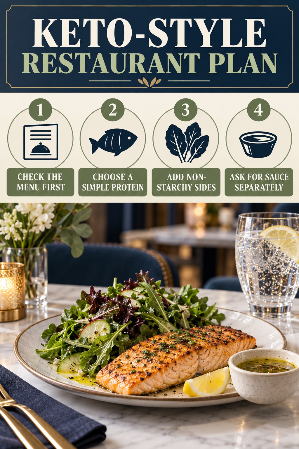 Keto-style restaurant plan infographic showing menu review, grilled fish, leafy vegetables, sauce on the side, and sparkling water.