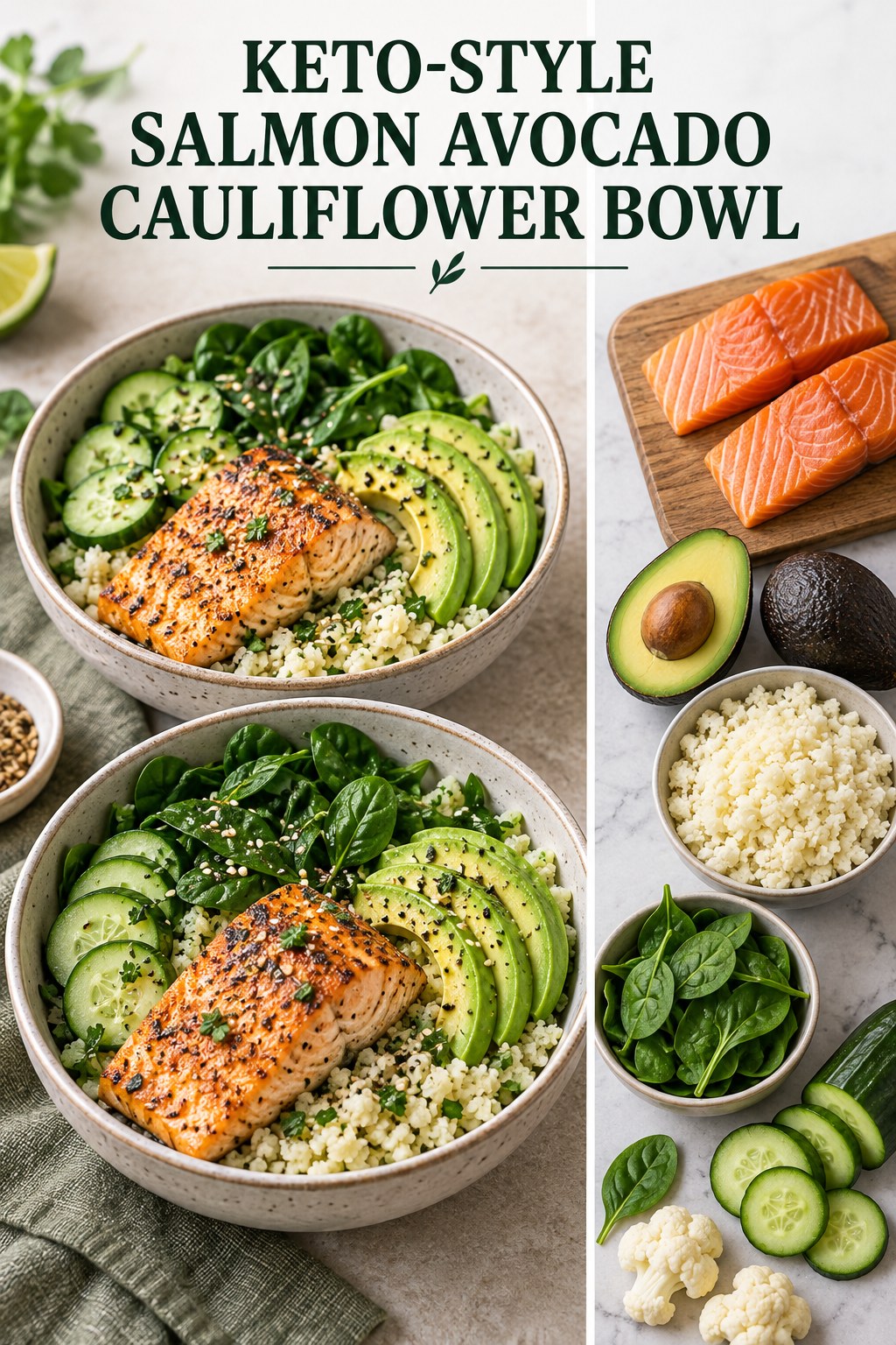 Two servings of keto-style salmon avocado cauliflower bowl made with salmon, avocado, and vegetables.