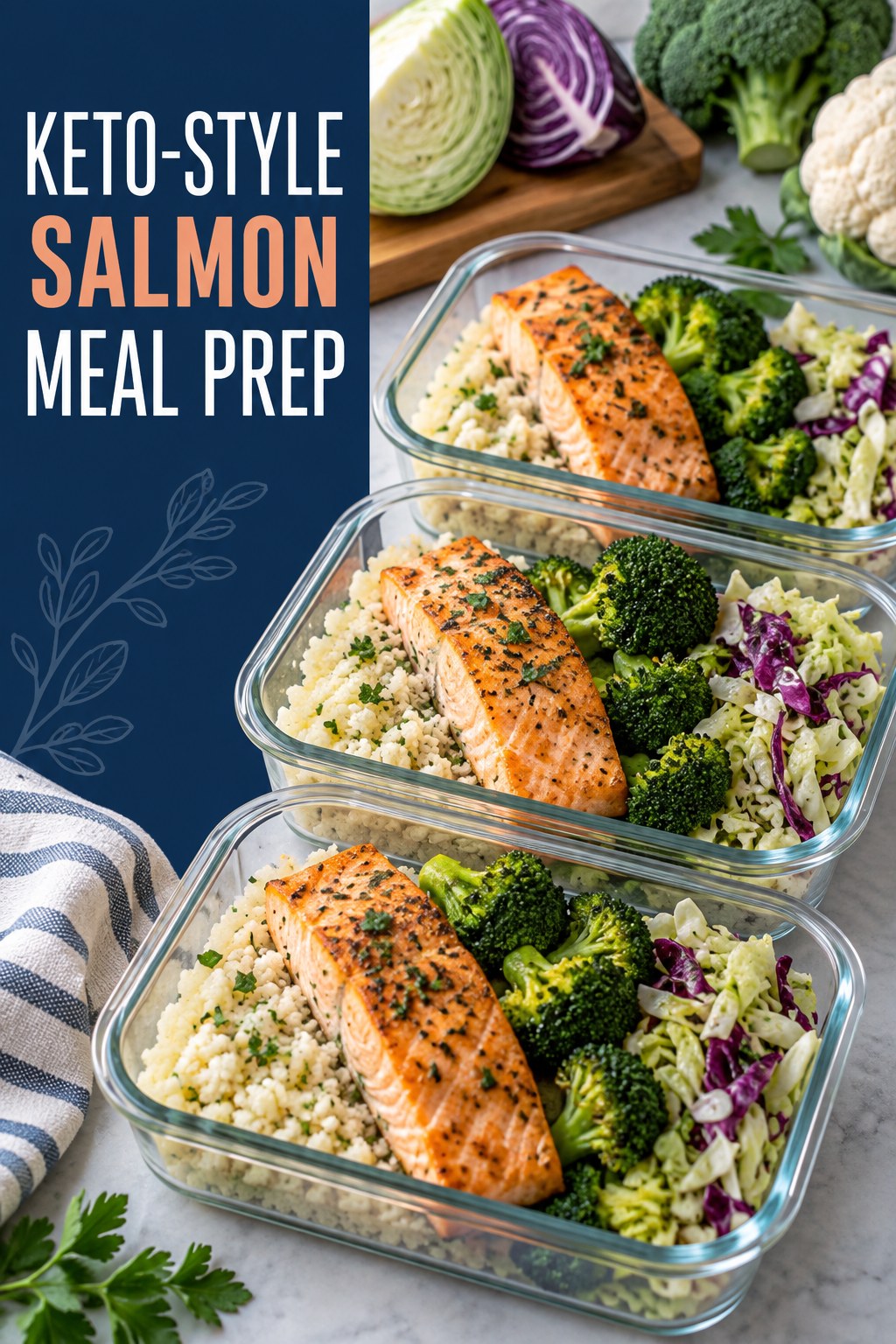 Three containers of keto-style salmon cauliflower rice prep boxes with salmon, cauliflower rice, broccoli, and cabbage.