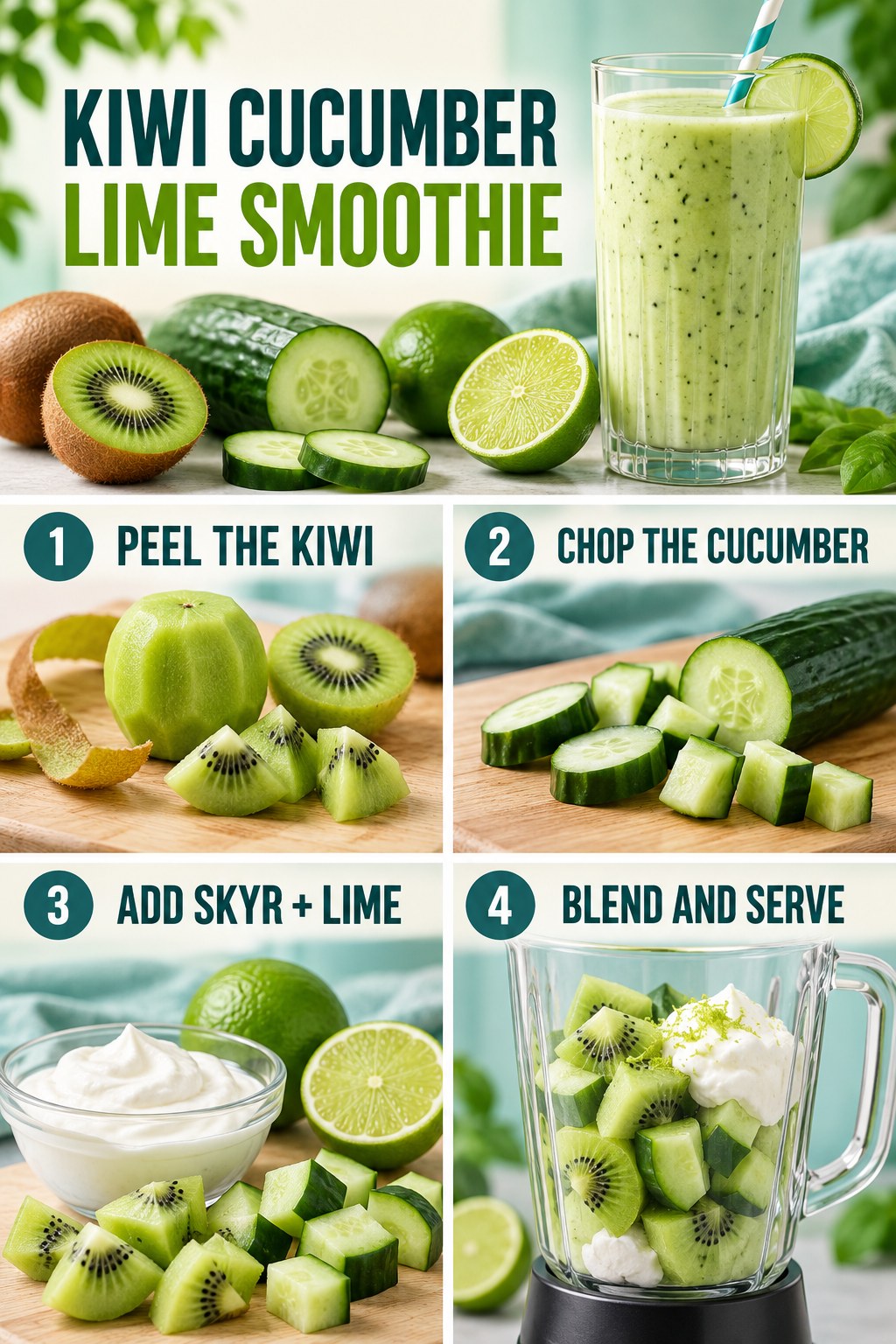 Kiwi cucumber lime smoothie infographic showing peeled kiwi, chopped cucumber, skyr, lime, blending, and the green drink.