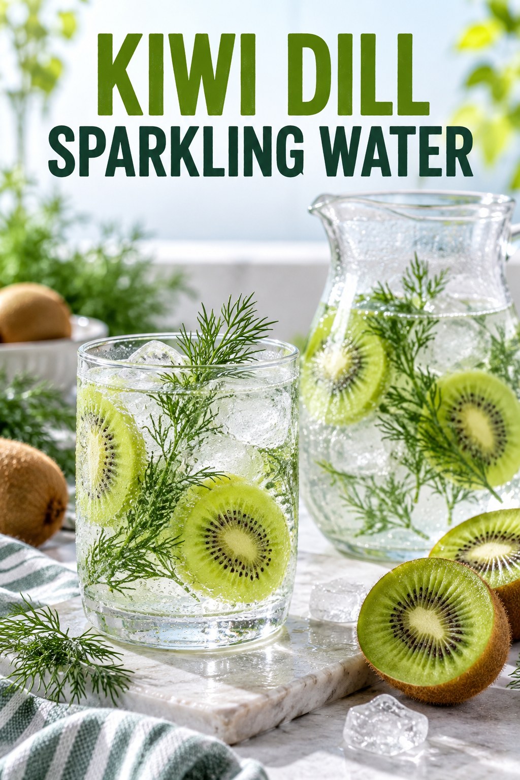 Portrait drink scene with kiwi, fresh dill, ice, and a chilled glass of sparkling water.