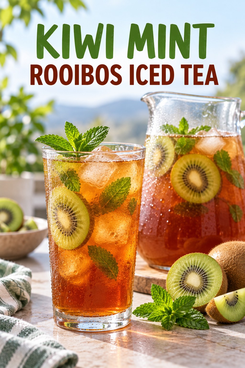 Portrait drink scene with kiwi, fresh mint, ice, and a chilled glass of rooibos iced tea.