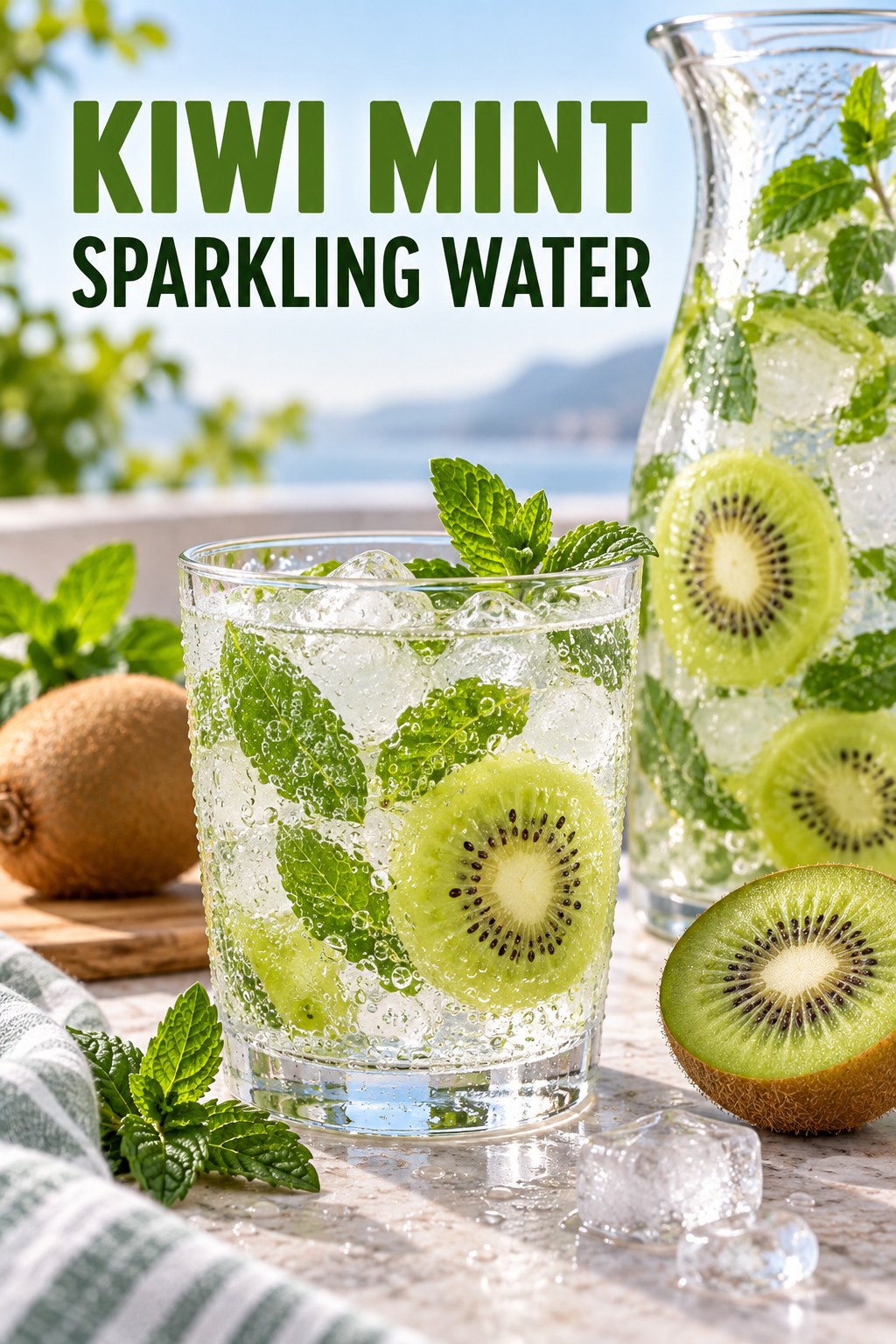Portrait drink scene with kiwi, fresh mint, ice, and a chilled glass of sparkling water.