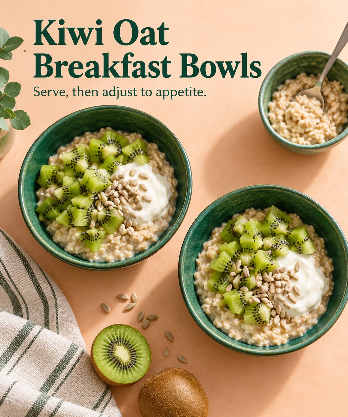 Two green bowls of oatmeal topped with kiwi, yogurt, and sunflower seeds beside extra oats.