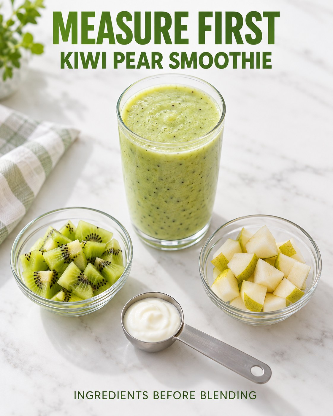 Pale green kiwi pear smoothie beside small measured bowls of kiwi and pear, with Measure First Kiwi Pear Smoothie text.