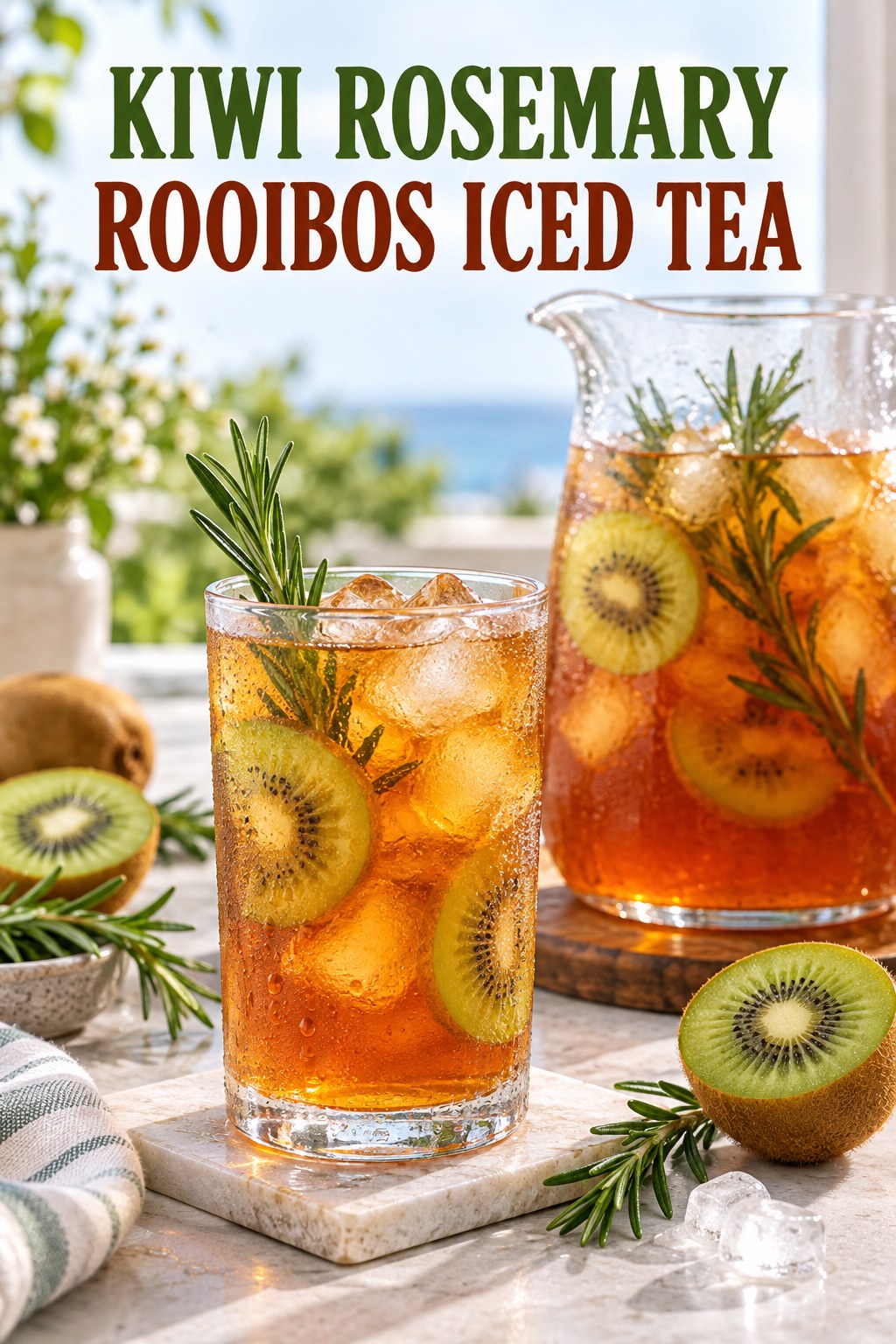 Portrait drink scene with kiwi, fresh rosemary, ice, and a chilled glass of rooibos iced tea.
