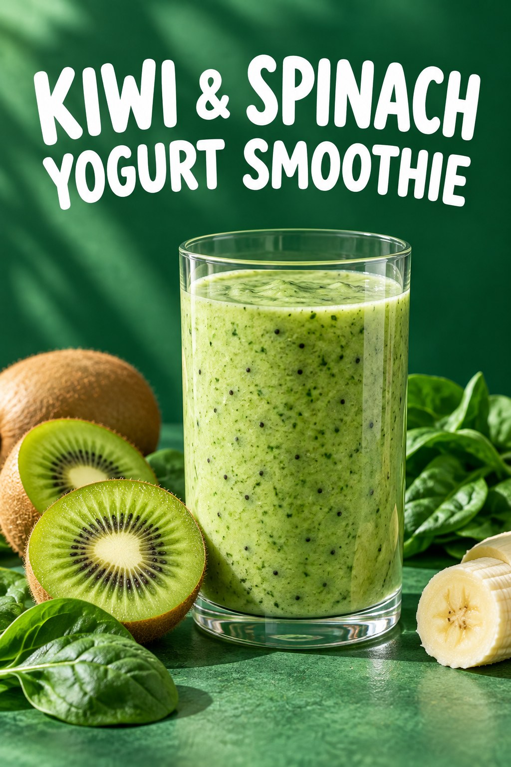 Green kiwi spinach smoothie in a clear glass beside kiwi halves and spinach with readable recipe title.