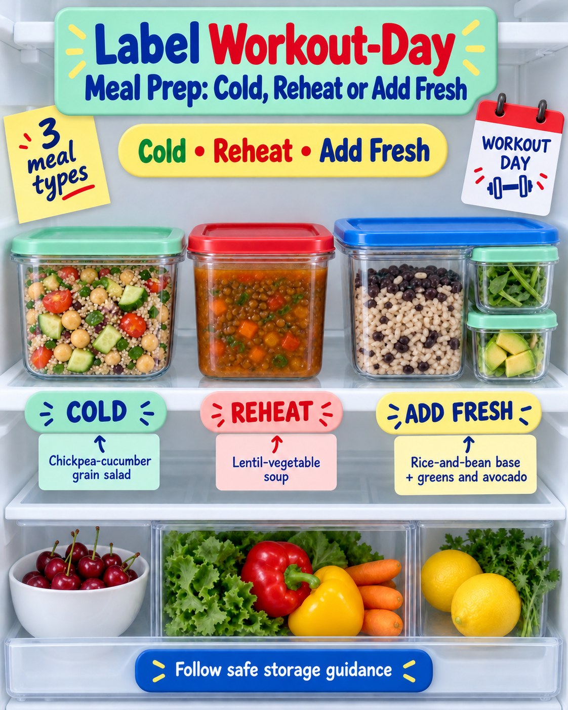 Refrigerator infographic grouping meal-prep containers as cold, reheat, or add fresh for a workout day.