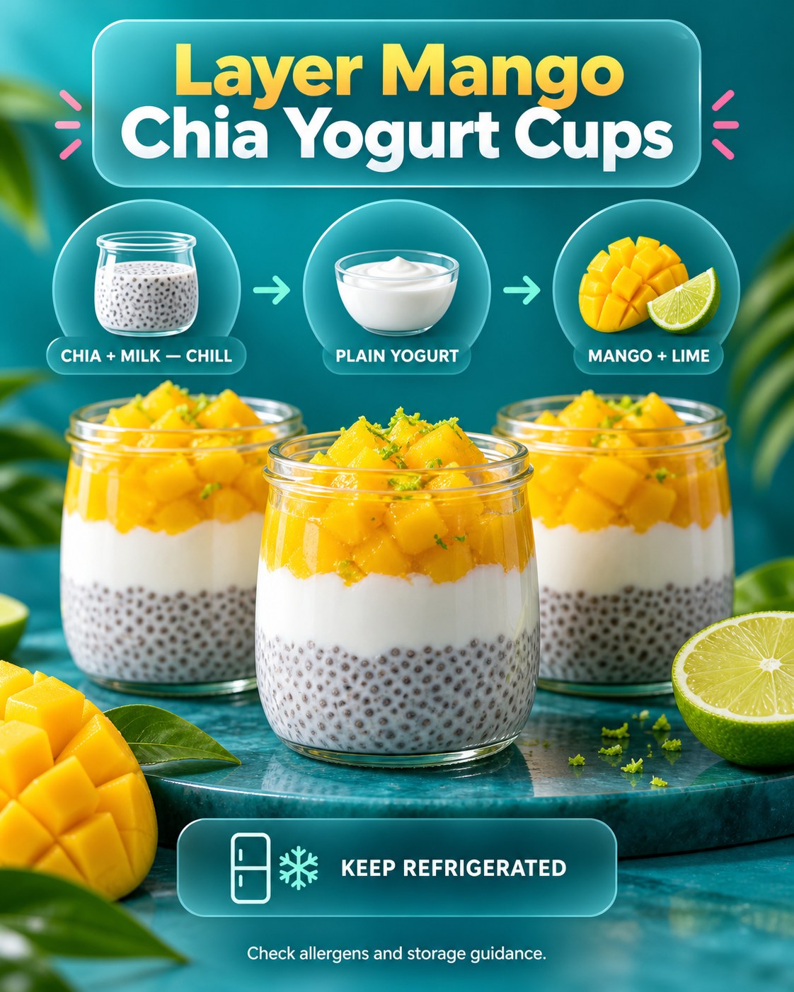Deep teal, mango yellow, pink, and mint infographic showing three-layer mango chia yogurt cups.