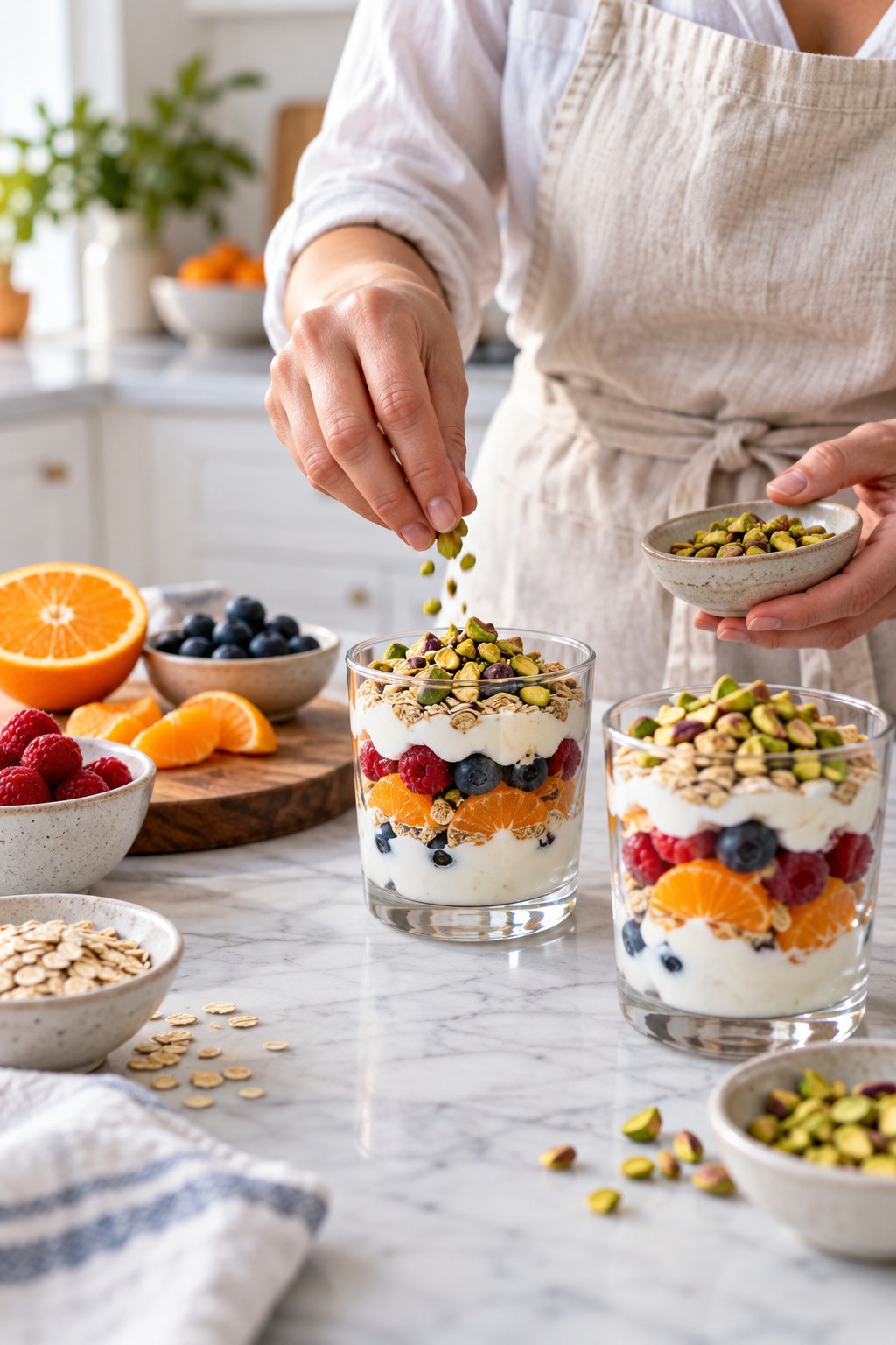 Adult layering plain yogurt, berries, orange segments, oats, and pistachios into small dessert glasses.