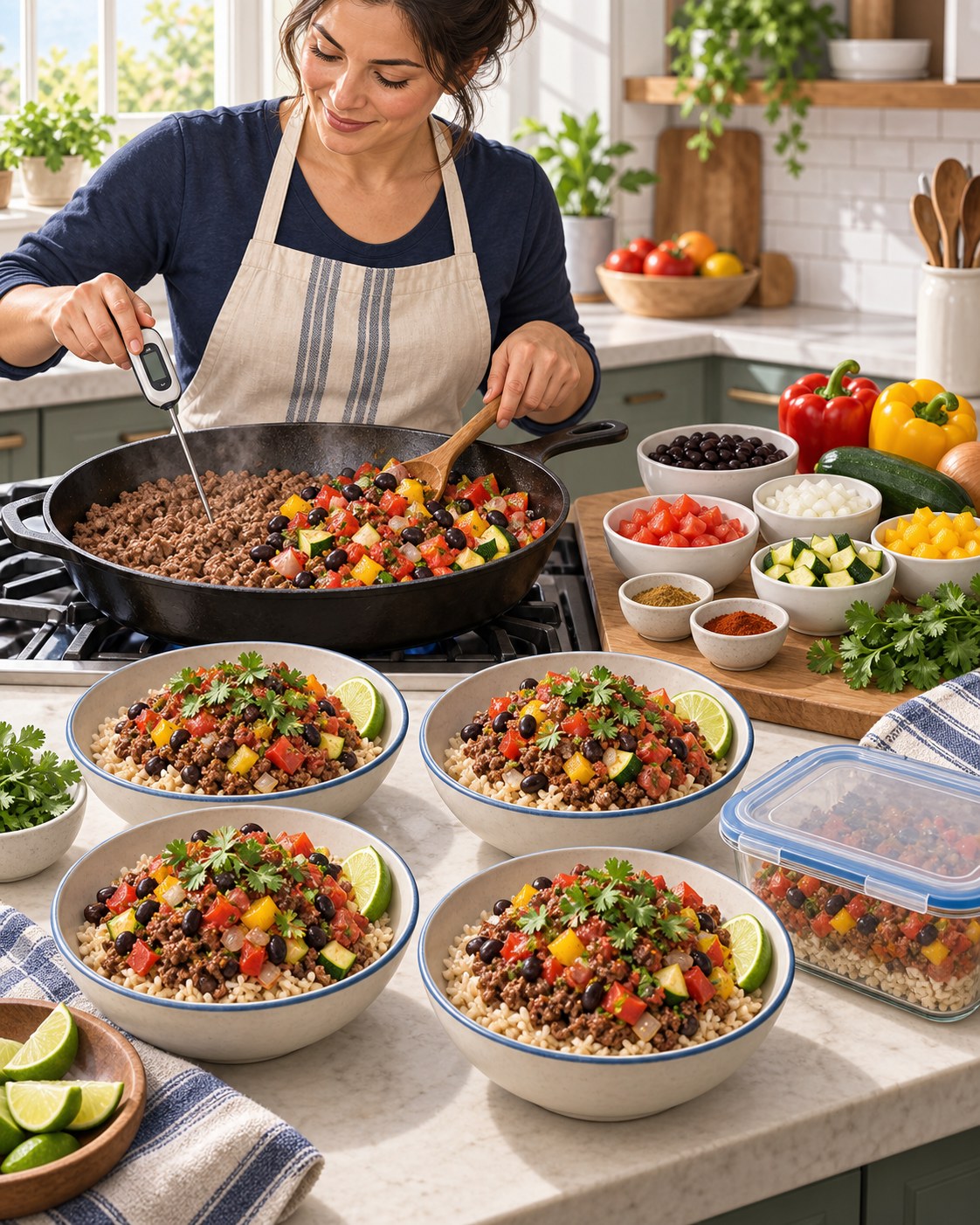 Woman checking lean ground beef and cooking it with black beans, peppers, tomatoes, onion, and zucchini for four rice bowls
