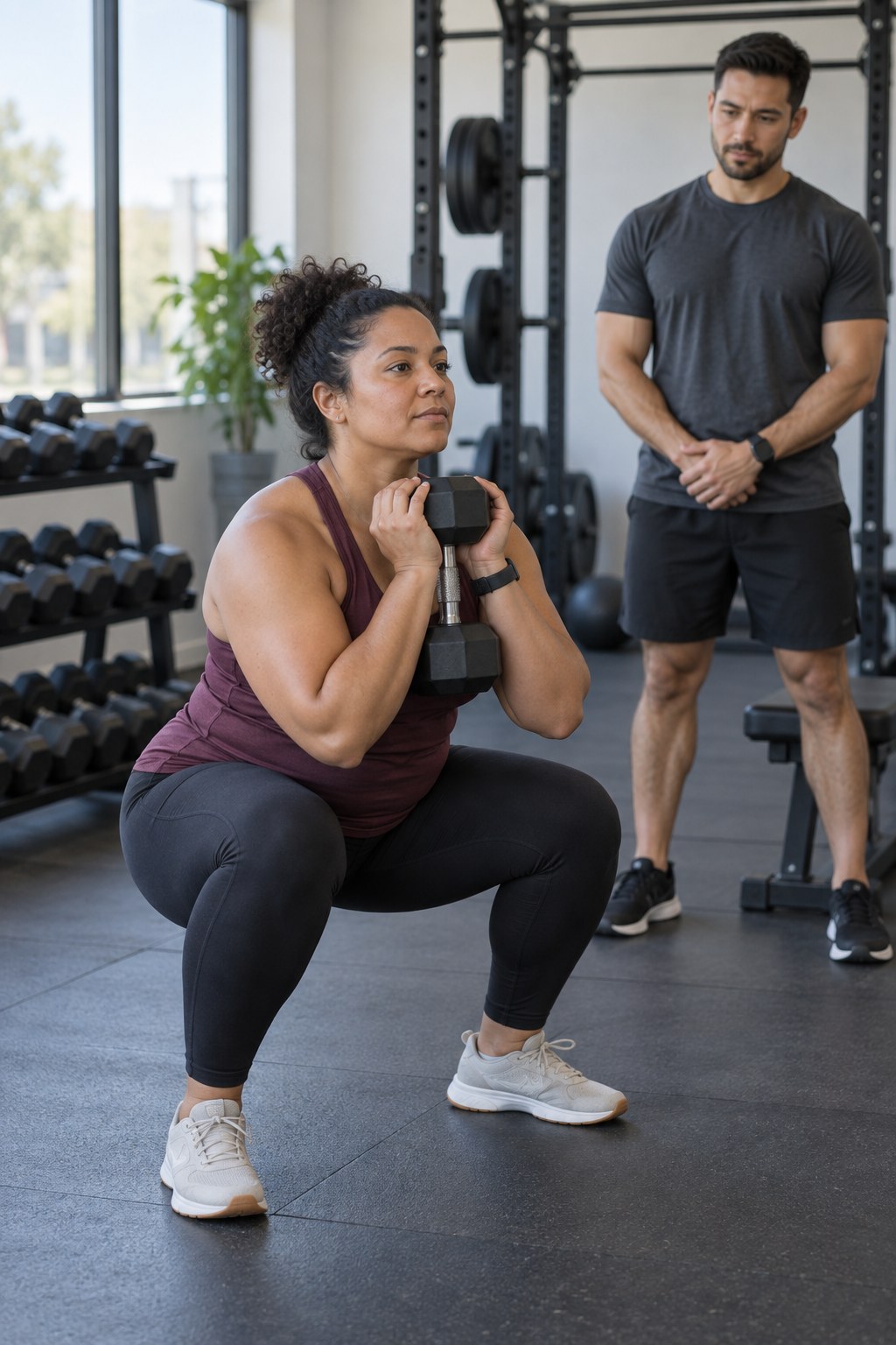 Adult performing a controlled goblet squat with one dumbbell while a trainer observes in a clean gym.