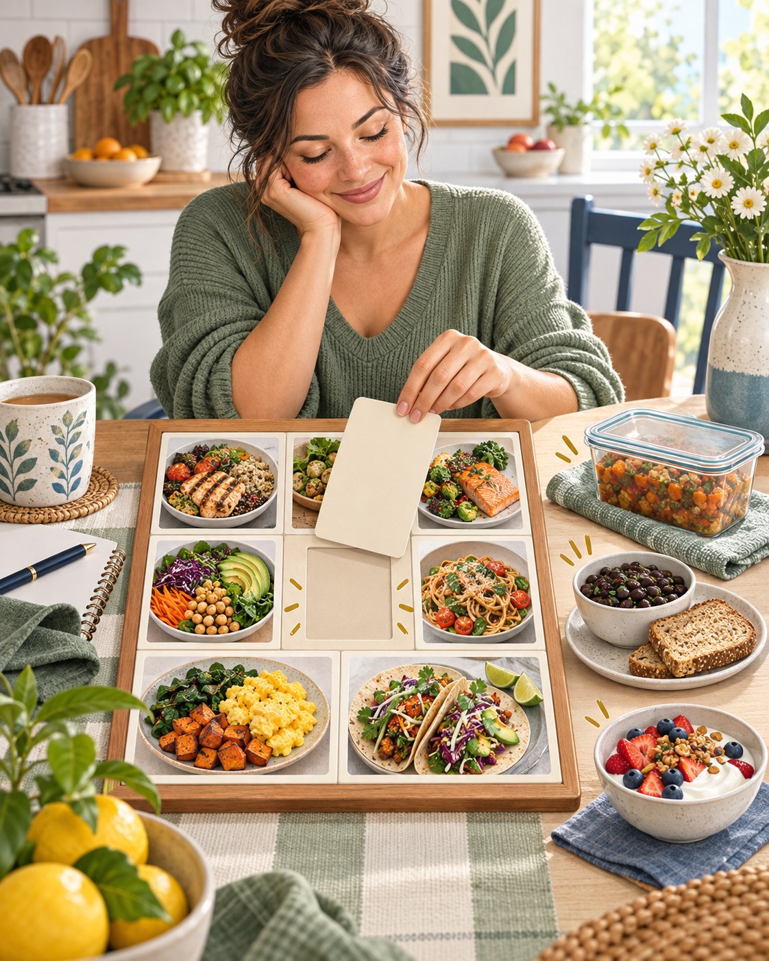 Woman lifting a blank card from an open meal-plan slot beside freezer, bean-toast, and yogurt-fruit backups