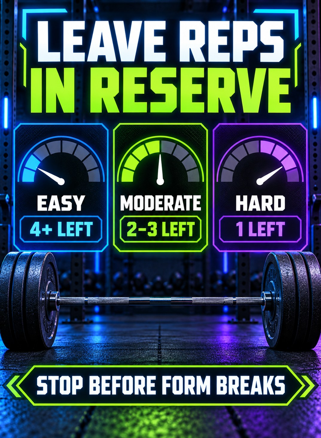 Black, blue, green, violet, and white gym infographic showing three repetitions-in-reserve effort levels.