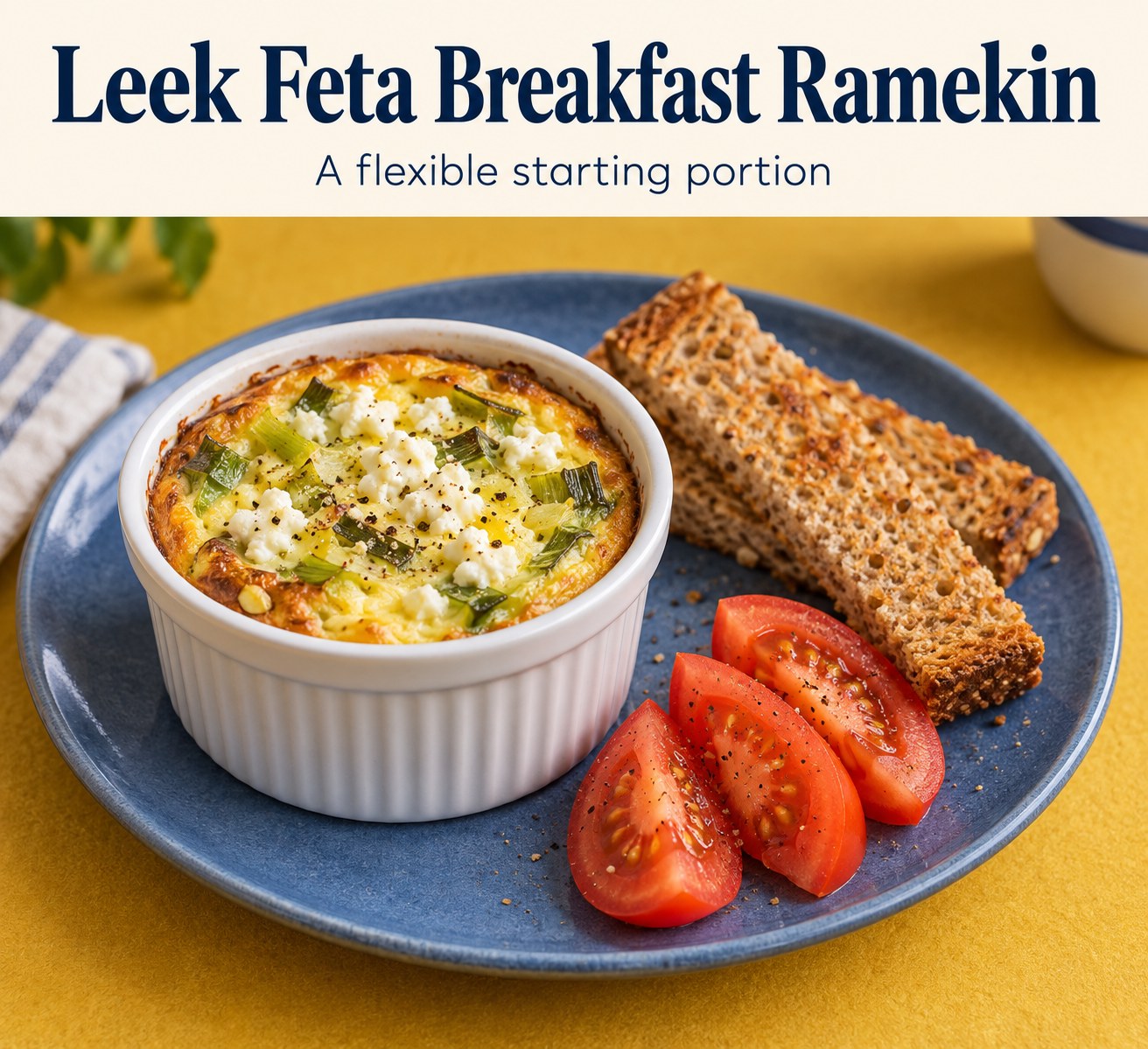 Leek and feta egg bake in a white ramekin with wholegrain toast and tomato on a blue plate.