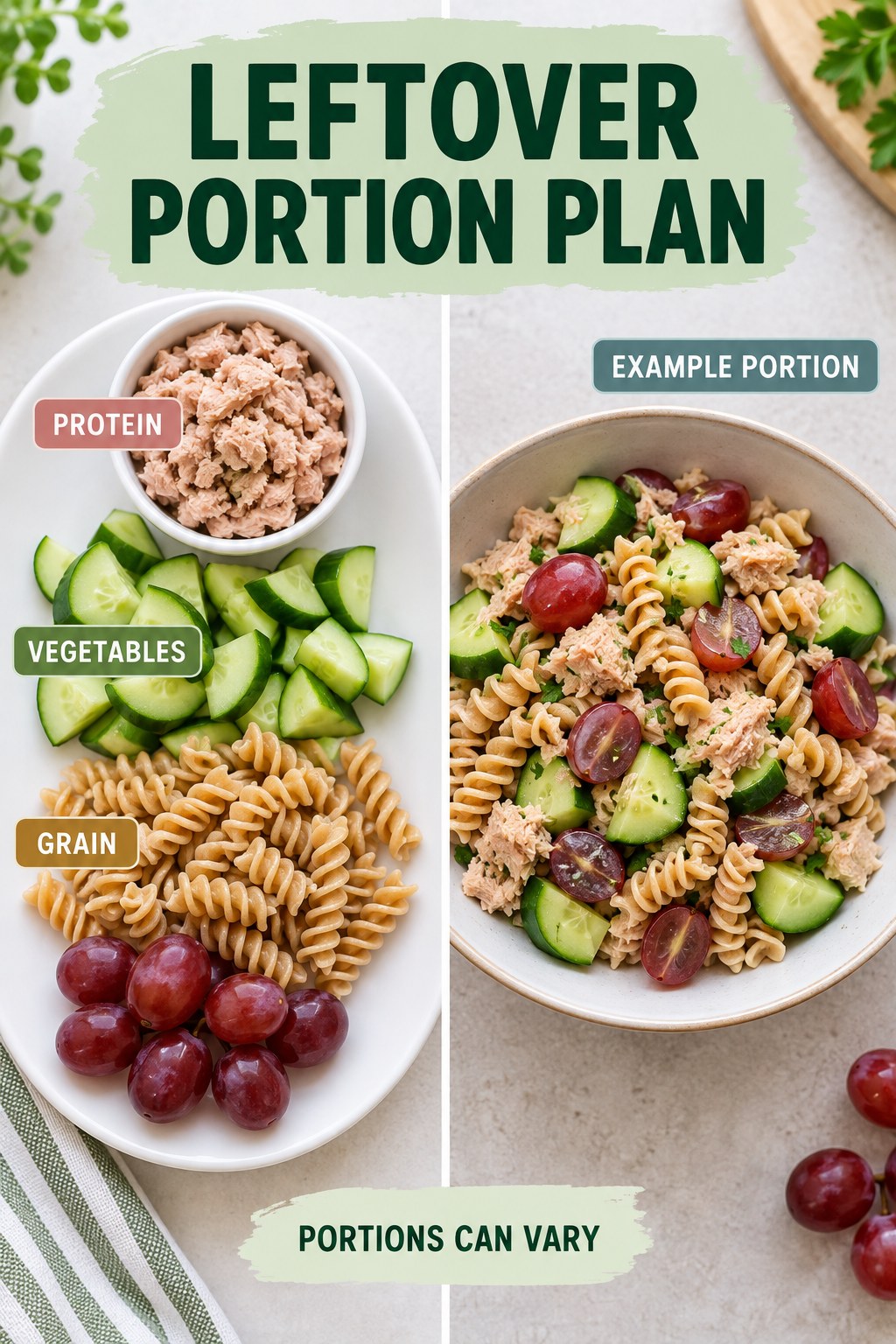 Leftover Portion Plan visual using tuna, whole-wheat pasta, cucumber, and grapes as flexible example portions for Healthy Recipes.