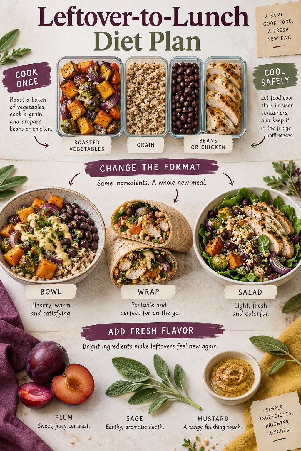 Portrait infographic showing roasted vegetables, grain, and beans or chicken transformed into a bowl, wrap, and salad with cooling and fresh-flavor guidance.
