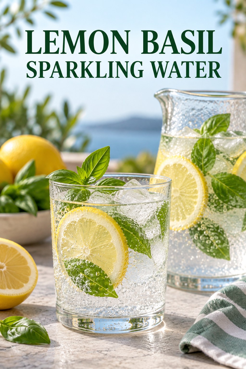 Portrait drink scene with lemon, fresh basil, ice, and a chilled glass of sparkling water.