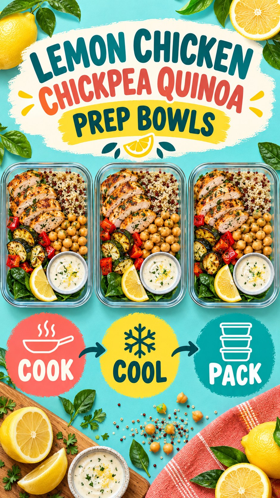 Three meal-prep bowls with lemon chicken, quinoa, chickpeas, vegetables, spinach, and sauce cups