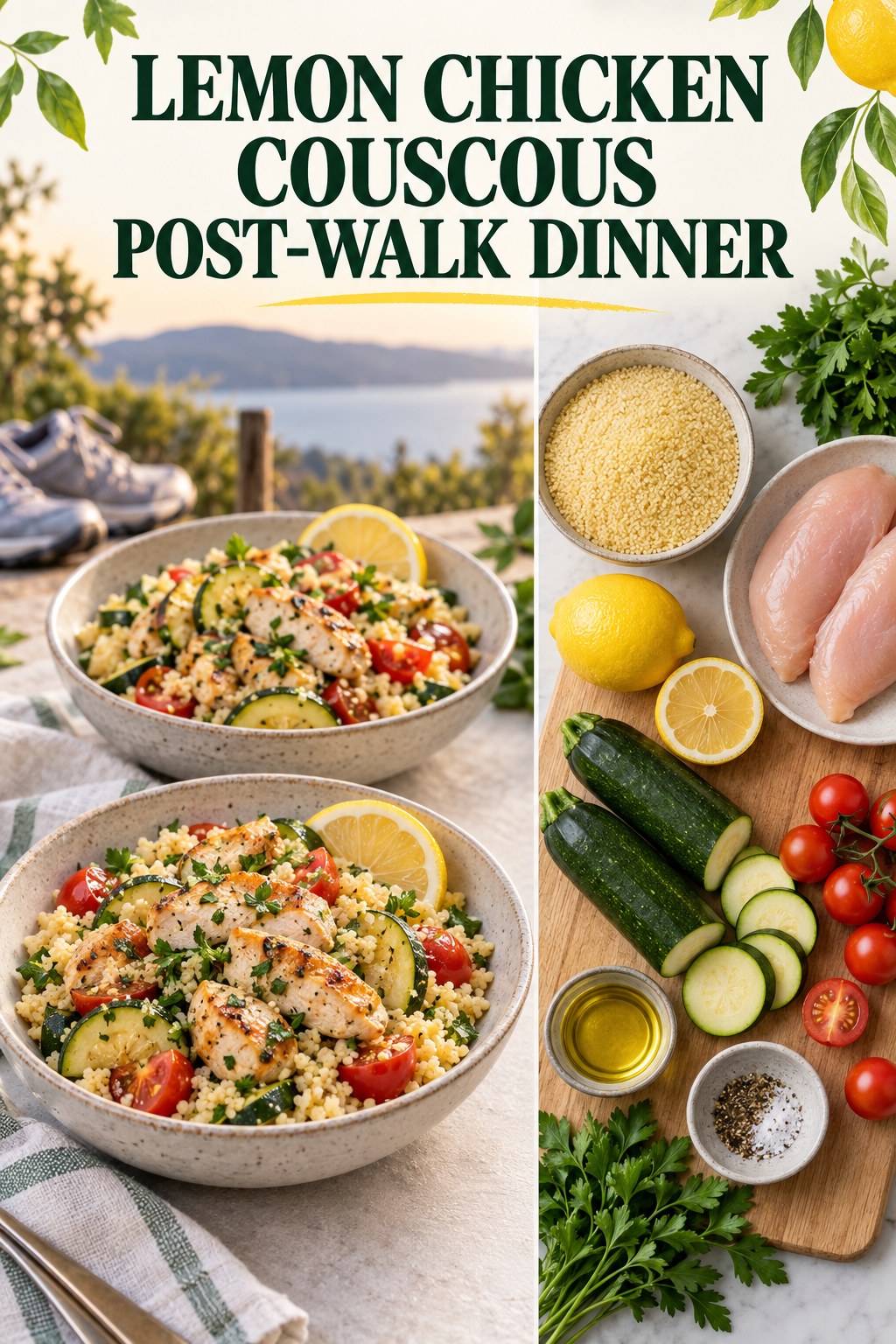 Two servings of lemon chicken couscous post-walk dinner made with chicken, couscous, and vegetables.