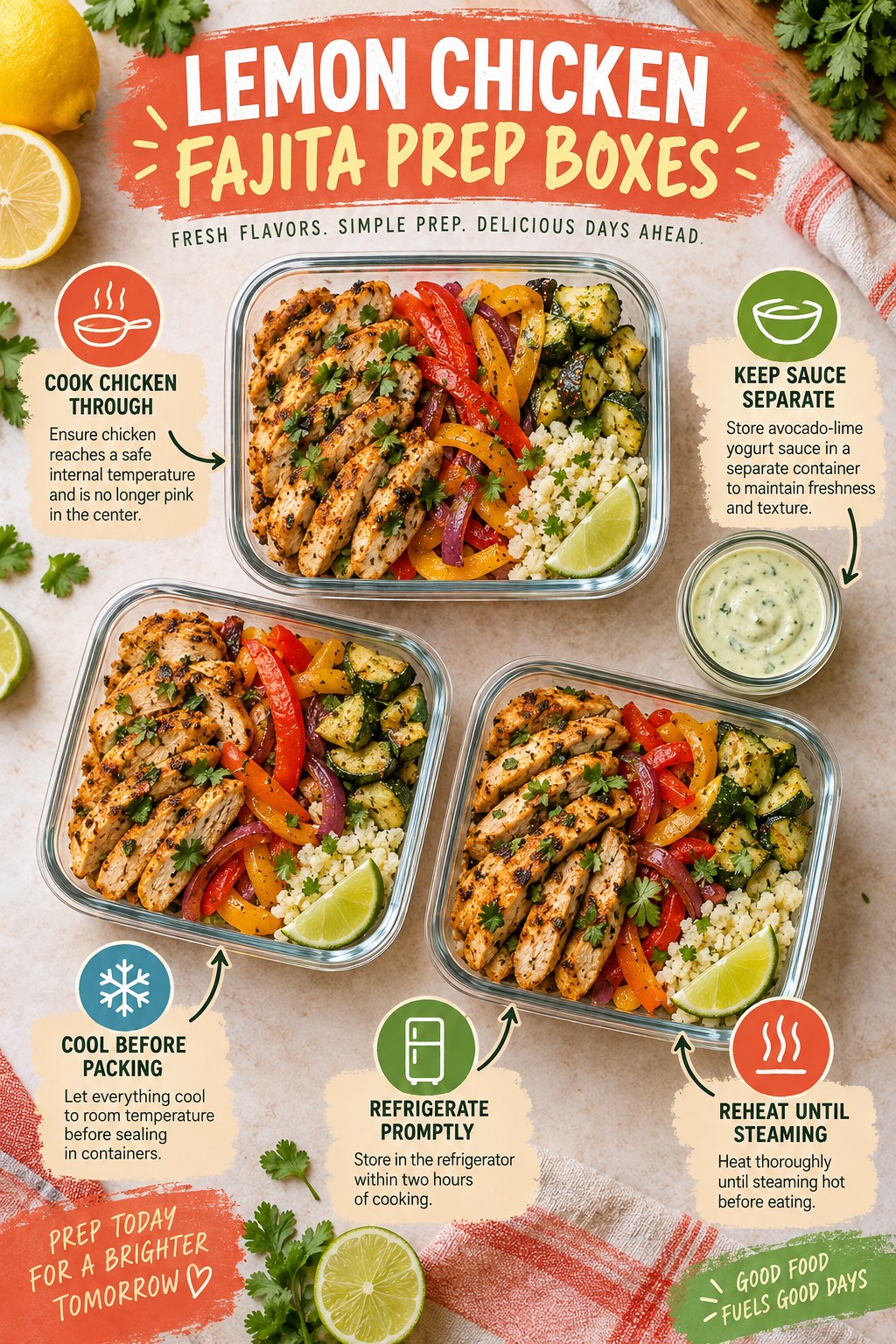 Lemon chicken fajita meal prep boxes with peppers, onion, zucchini, cauliflower rice, lime, cilantro, and sauce.