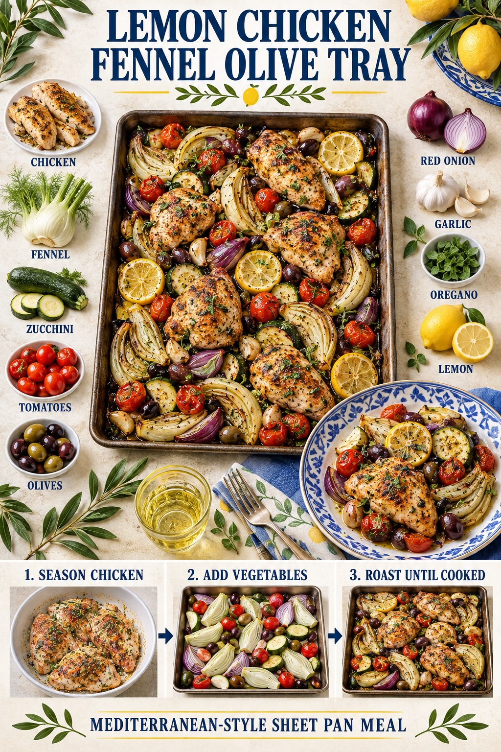 Lemon chicken sheet pan with roasted fennel, zucchini, tomatoes, olives, red onion, garlic, and oregano.