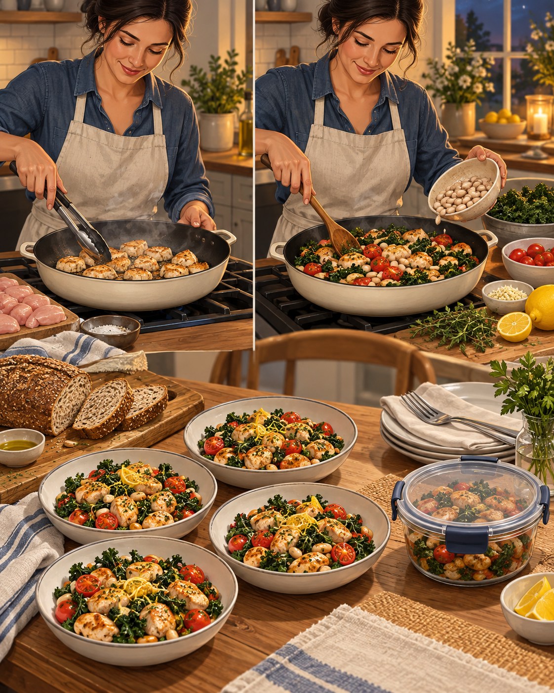 Woman cooking chicken, white beans, tomatoes, and kale in a skillet with lemon and herbs