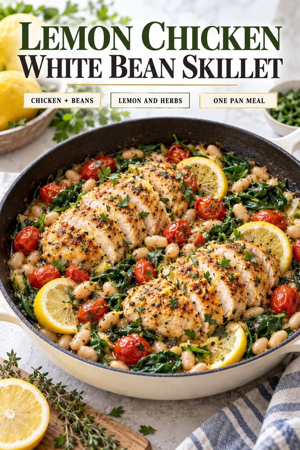 Lemon chicken white bean skillet with spinach, tomatoes, garlic, and herbs