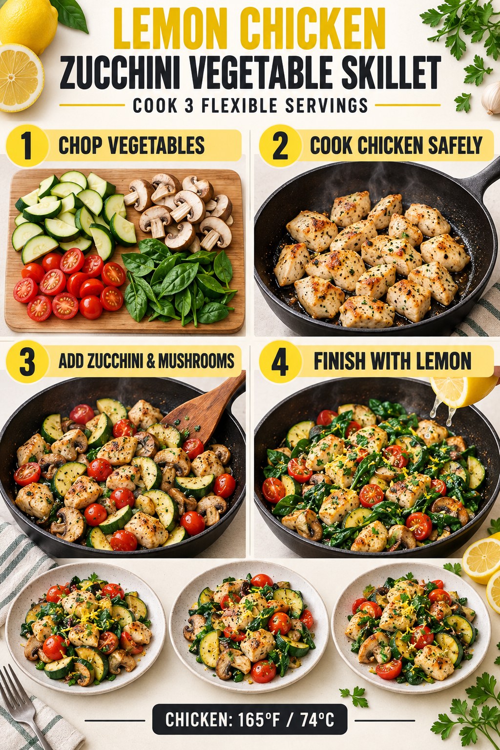 Lemon chicken skillet with zucchini, peppers, tomatoes, garlic, parsley, and olive oil.