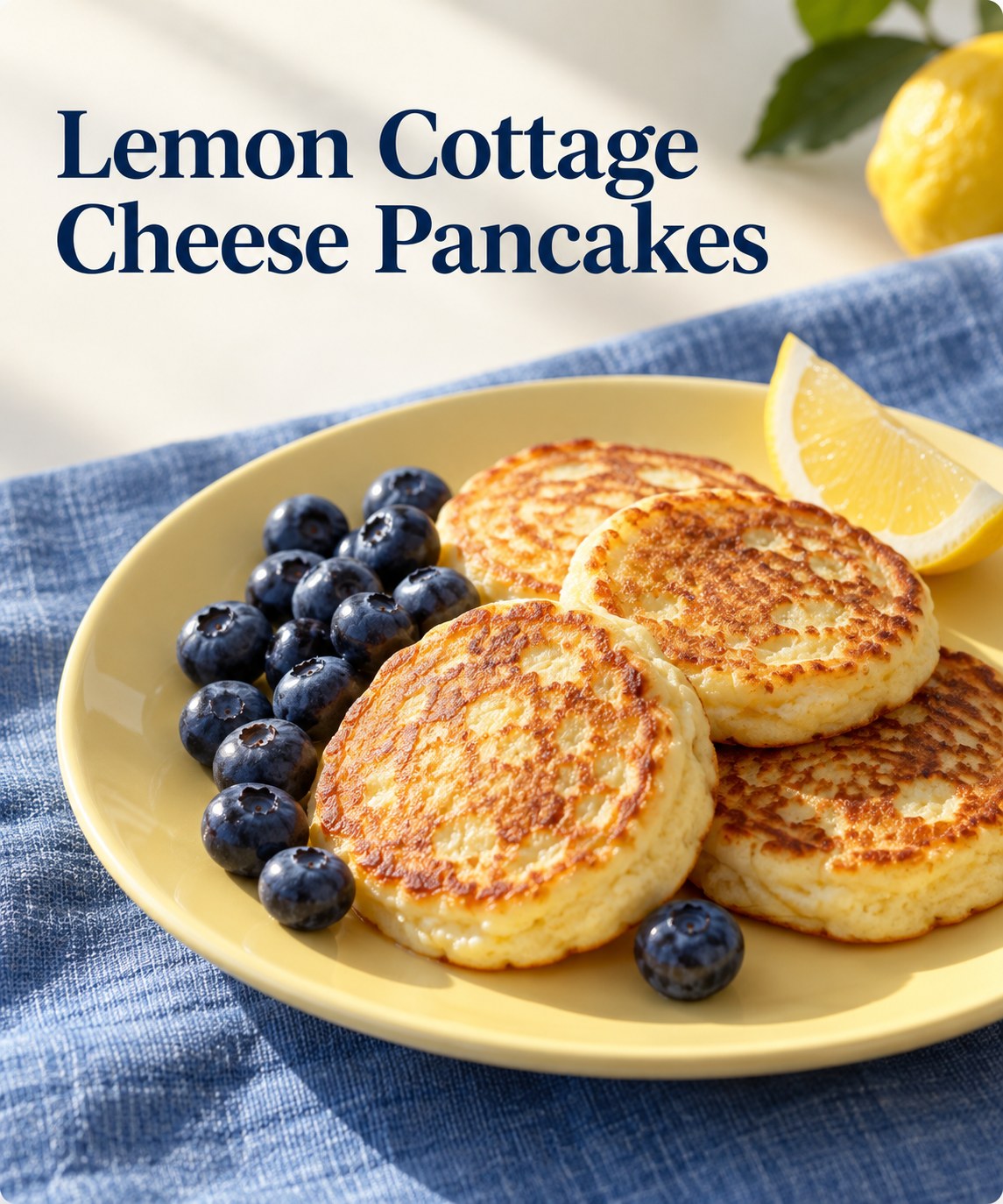 Small golden cottage cheese pancakes with blueberries and lemon beside the words Lemon Cottage Cheese Pancakes.