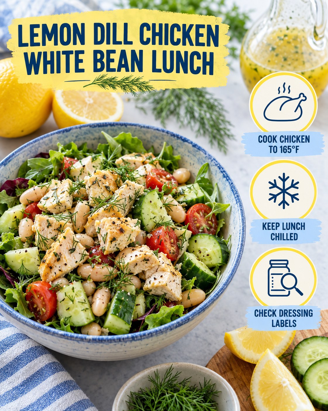 Infographic for a lemon dill chicken white bean lunch salad with chicken temperature, chilling, and dressing label reminders