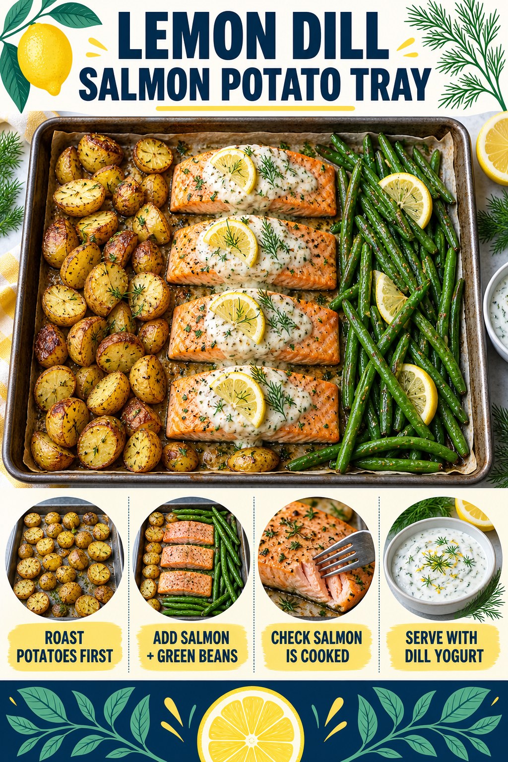 Portrait recipe infographic for a lemon dill salmon potato tray showing roasted baby potatoes, salmon, green beans, and dill yogurt with four cooking steps.