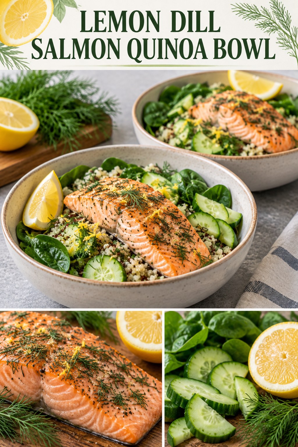 Two servings of lemon dill salmon quinoa bowl made with salmon, quinoa, and vegetables.