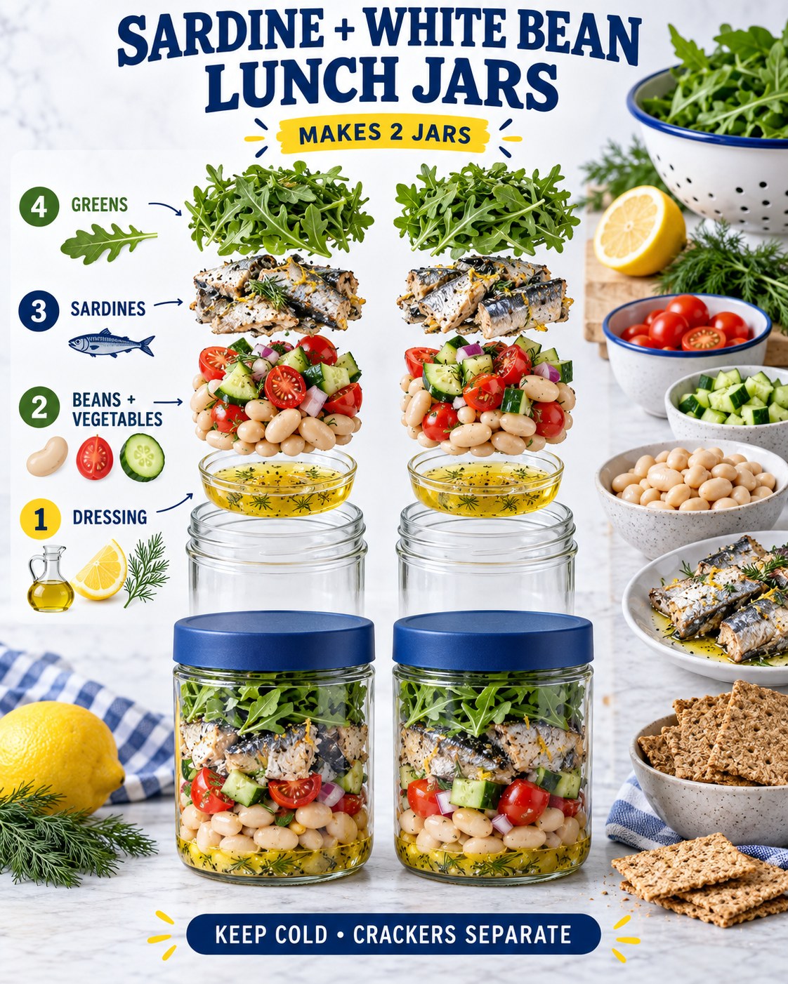Cutaway infographic showing dressing, beans, vegetables, sardines, and greens layered into two chilled lunch jars.
