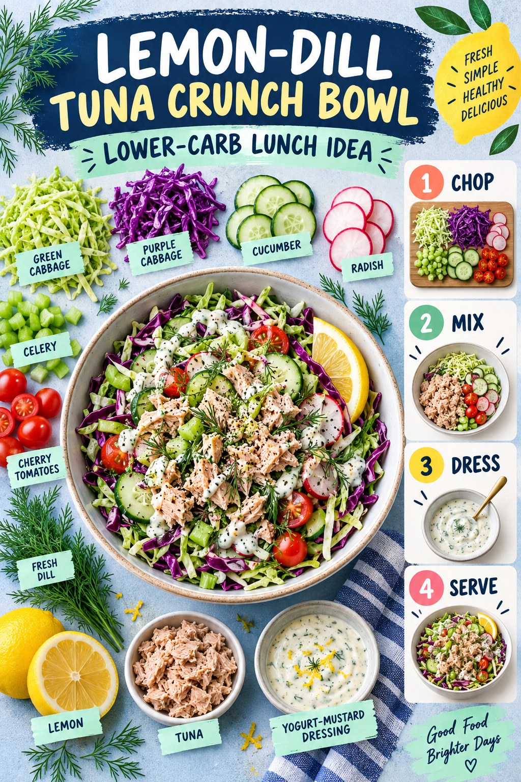 Tuna cabbage crunch bowl with cucumber, radish, celery, tomatoes, dill, lemon, and yogurt-mustard dressing.